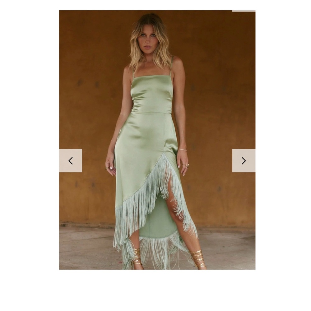 Monet Sage Green Fringe Satin Maxi Dress
